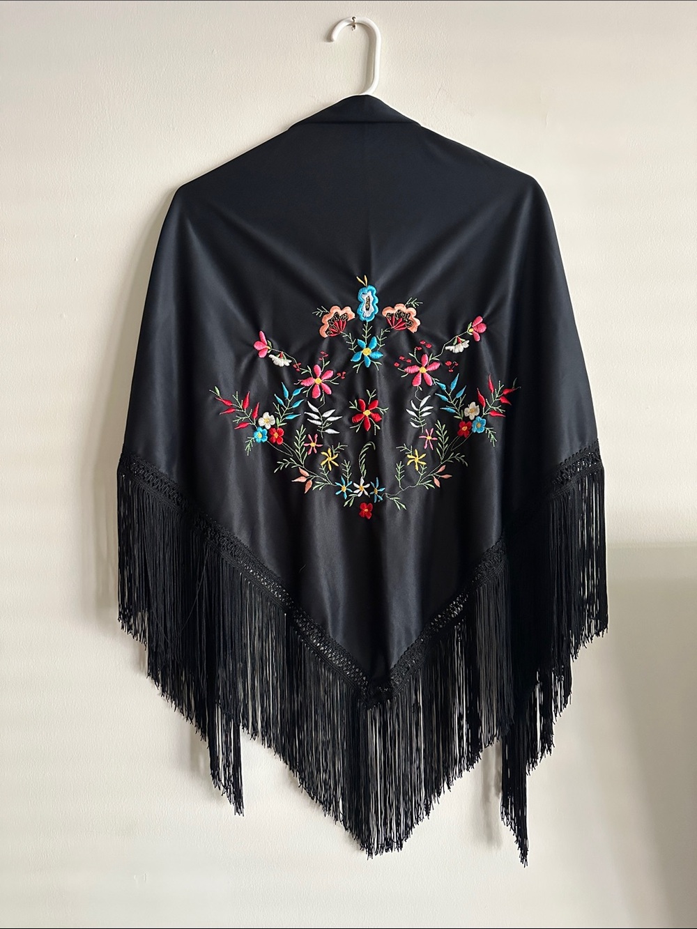 Black Floral Embroidered Fringe Shawl - Women Accessories